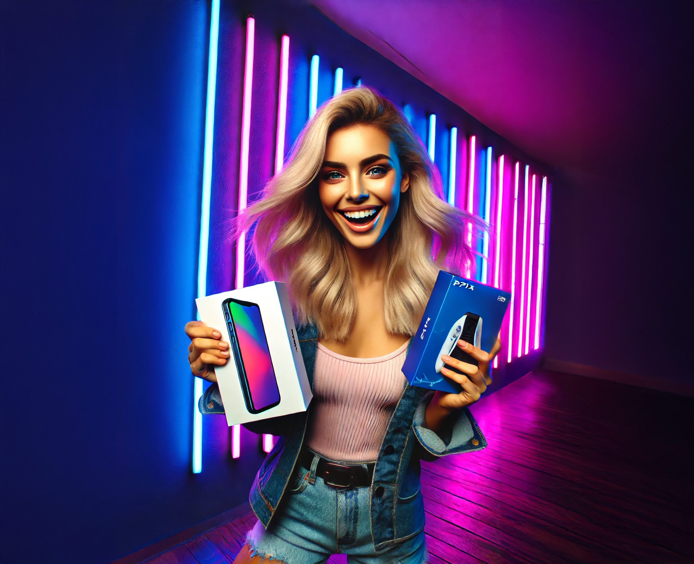 DALL·E 2025 01 31 13.52.17 A beautiful blonde woman standing against a vibrant neon background with purple and blue colors fully visible from head to toe excitedly celebrating